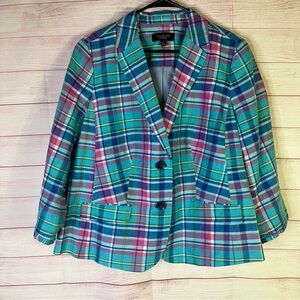 Talbots Petites Linen Blend Plaid MADRAS Ruffle Sleeve Blazer Jacket Size‎ 16WP